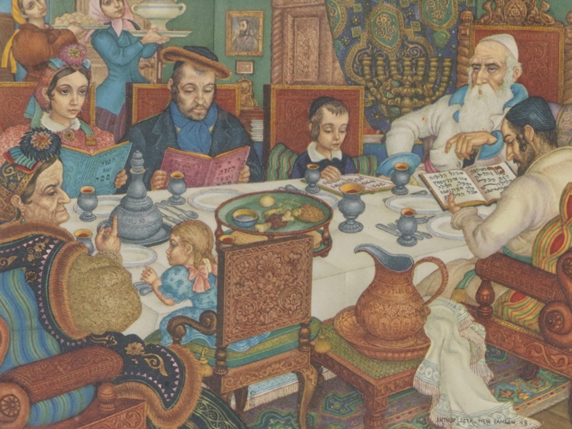 MID CENTURY JUDAICA PRINT FAMILIY DINNER BY SZYK PIC-1